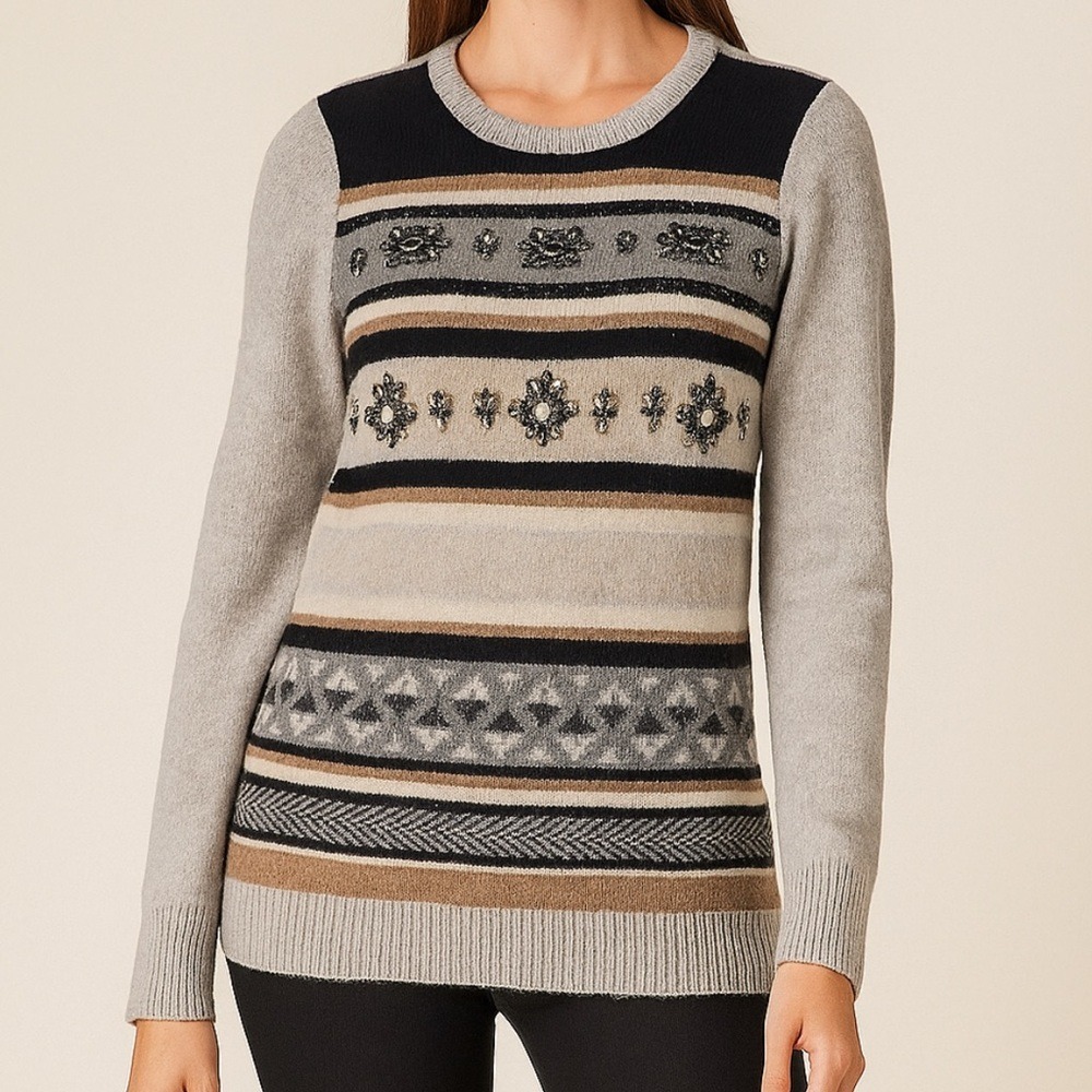 J.Crew Sweater Women M Grey Excellent Embellished Wool Fair Isle Striped 07873